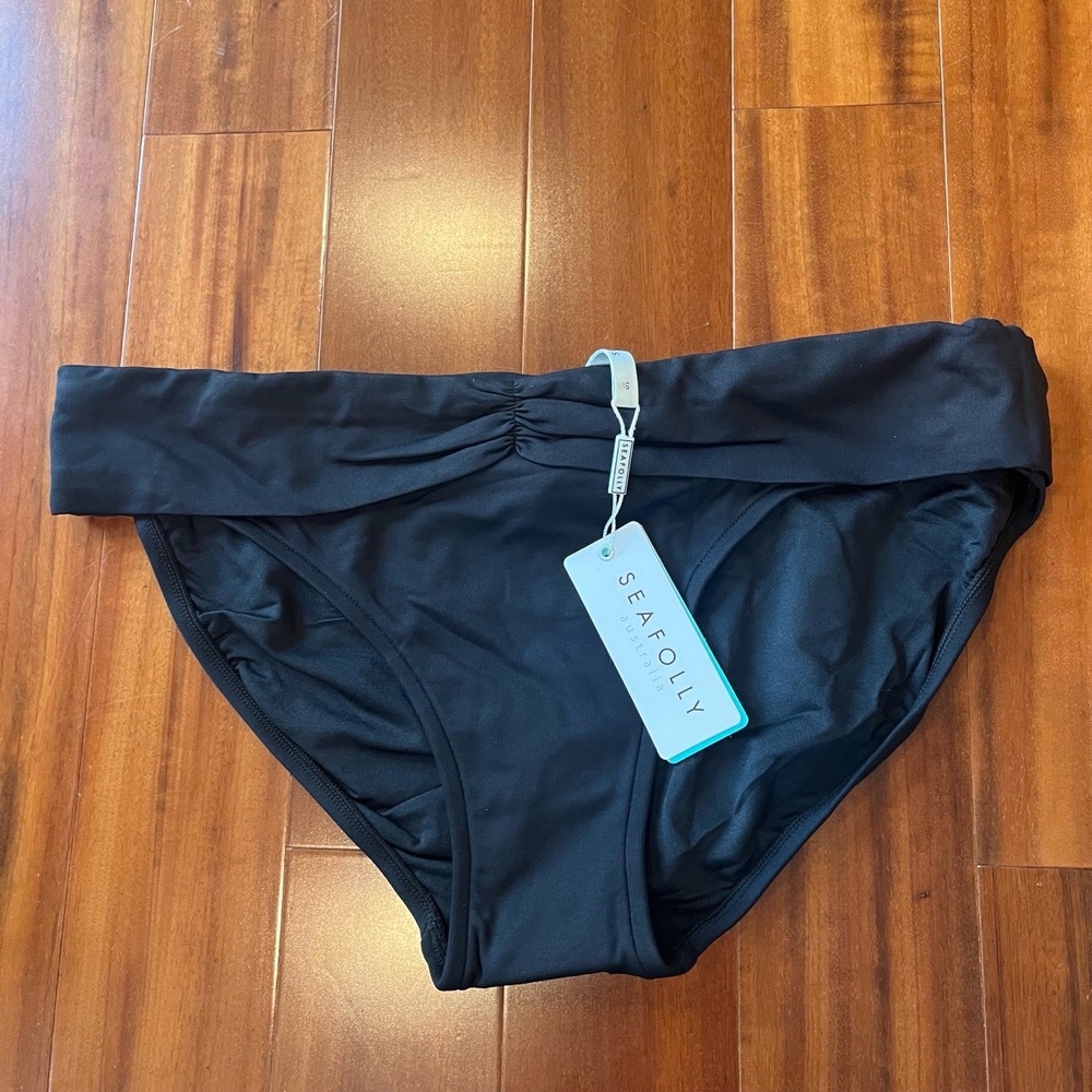 New NWT Seafolly‎ Australia Black Bikini Bottom Ruched Swim Retro Size US 12